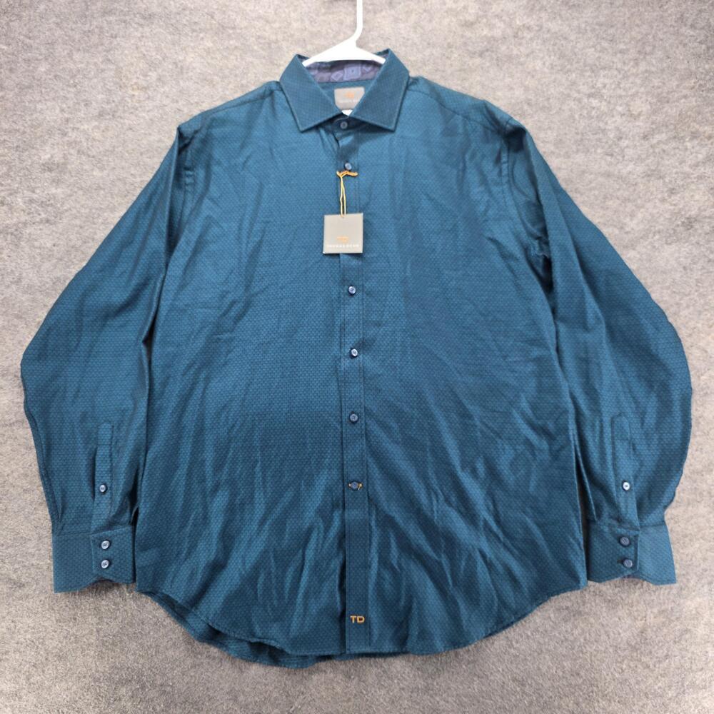 Thomas Dean Dress Shirt Mens XL Blue Geometric Spread Collar Contrasting Trim